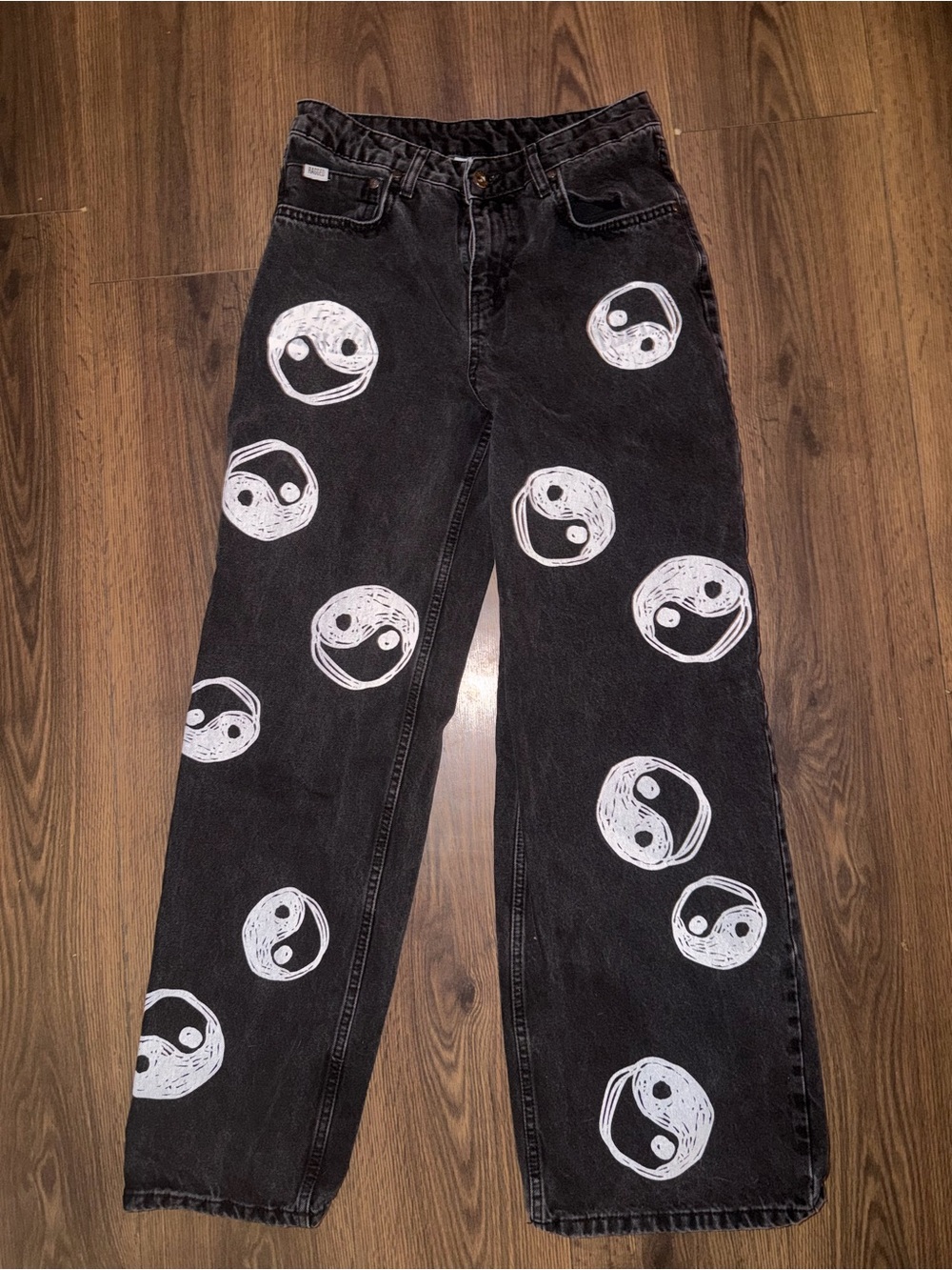 The Ragged Priest Black Wide-Leg Jeans with White Yin Yang Prints